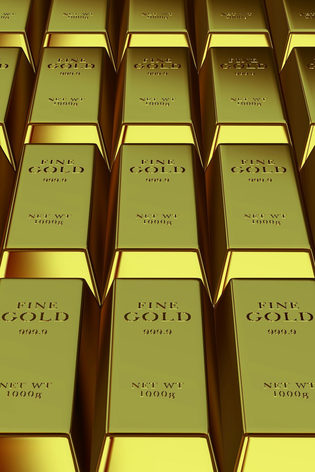 Rows of shiny gold bars stacked neatly