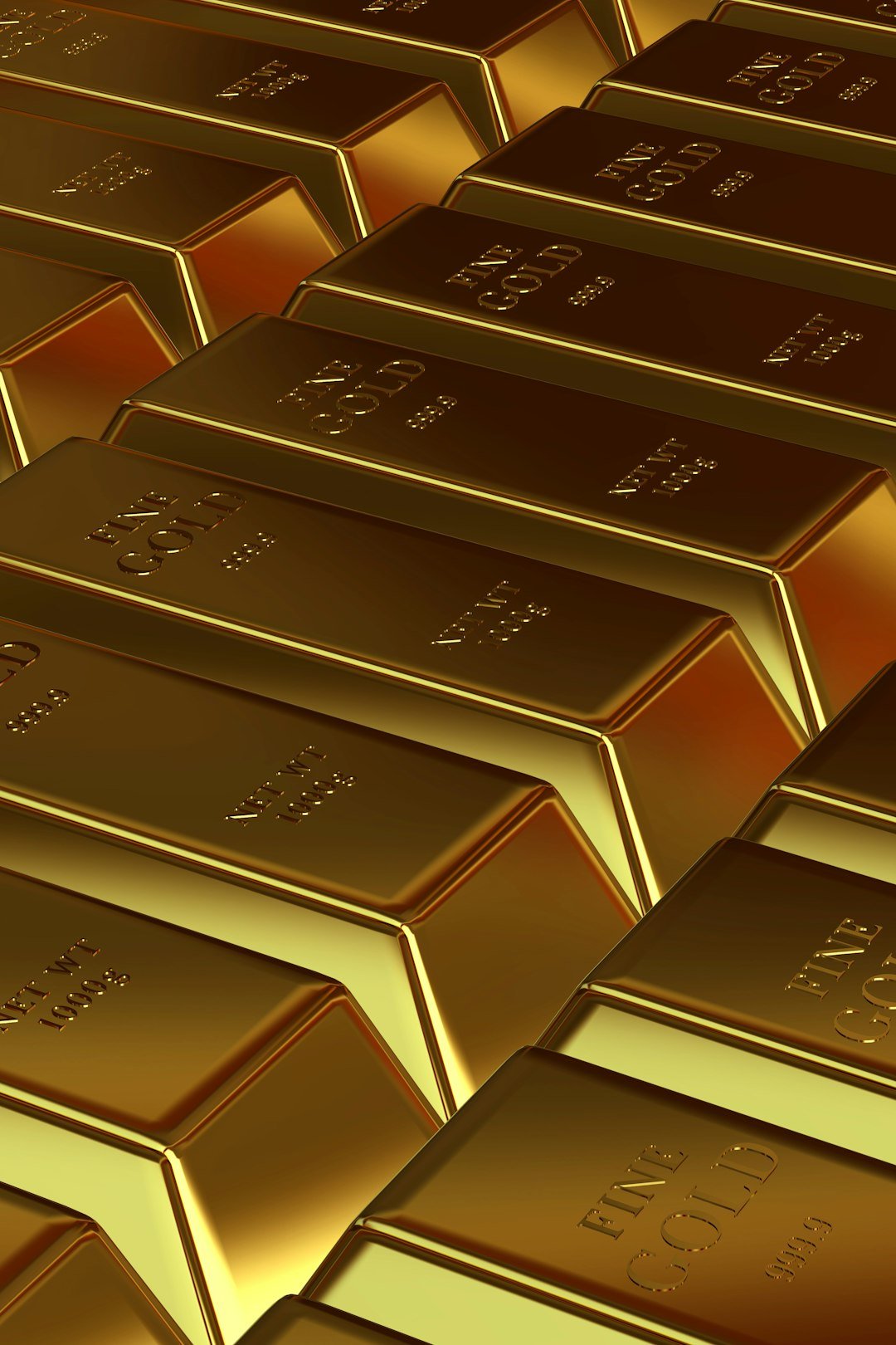 Rows of shiny gold bars stacked neatly